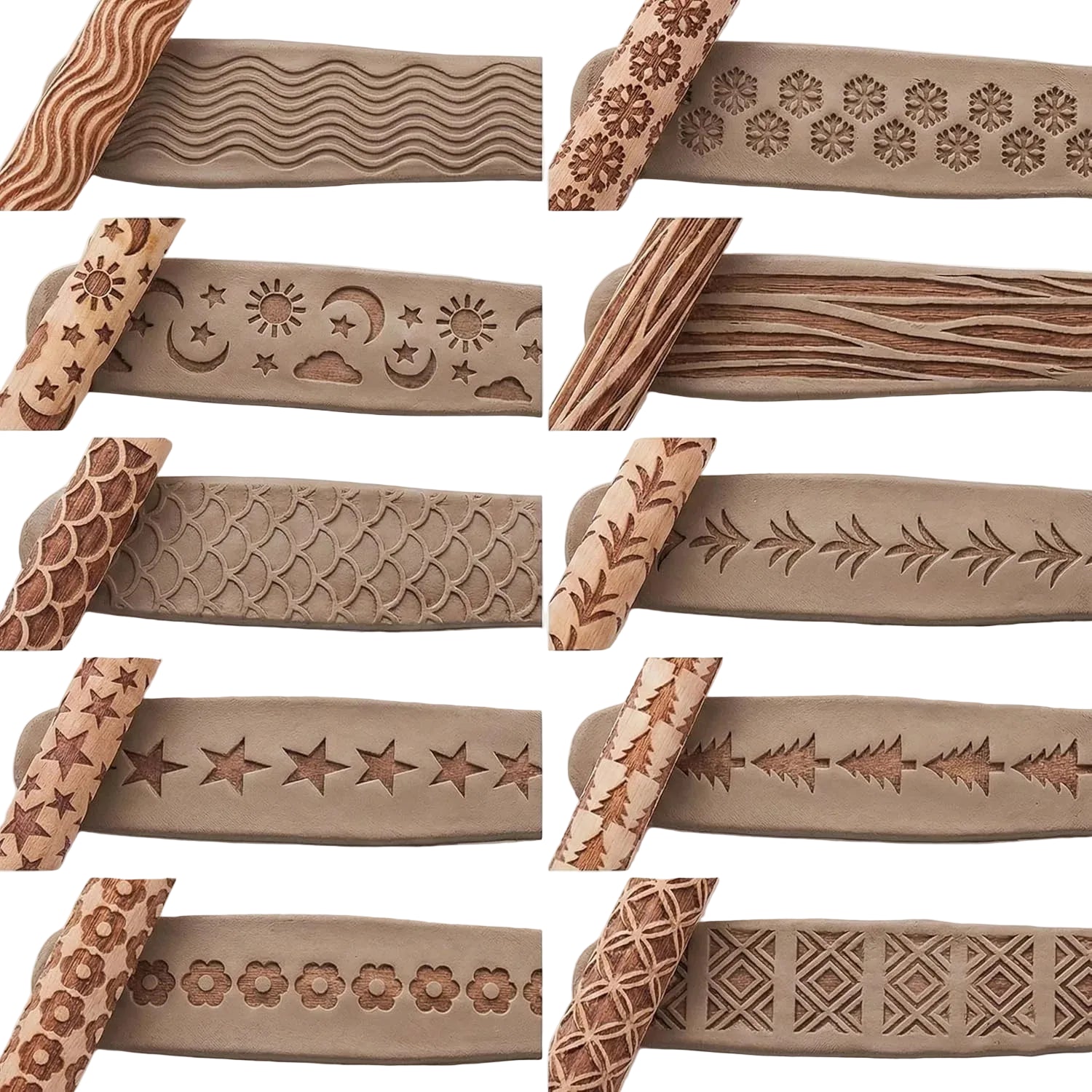 Knetkunst 10-teiliges Ton-Texturroller-Set aus Holz – Strukturroller und Prägestempel für Keramik und Töpfern